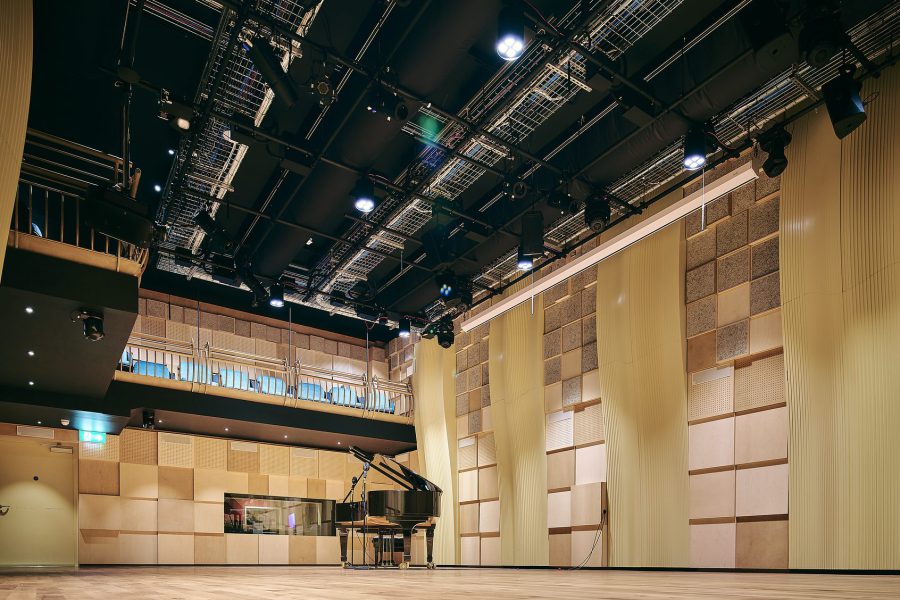 Empty concert hall, viewed from low down to the ground.